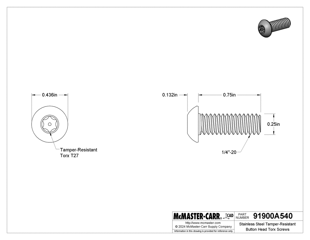 Technical Drawing of Stainless Steel Tamper-Resistant Button Head Torx Screws, 1/4"-20 Thread Size, 3/4" Long.